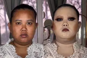 Makeup glamor bikin lupa wajah asli, transformasi wanita berwajah bulat ini tampil memukau usai dirias