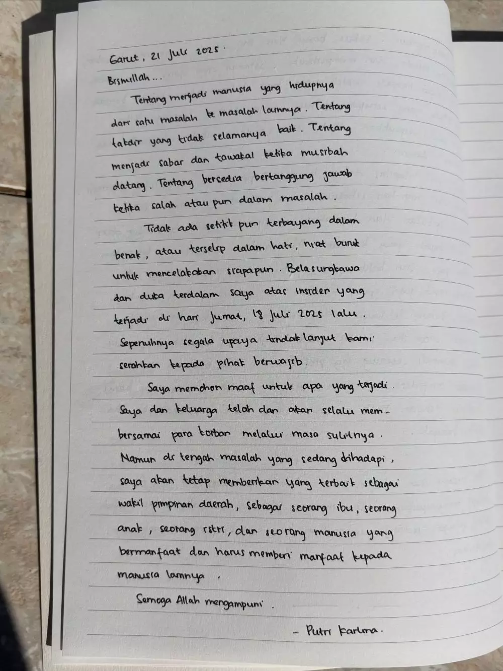 Putri Karlina tulis surat terbuka © Instagram