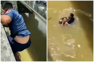 Viral petugas damkar lompat dari jembatan demi selamatkan wanita, aksi heroiknya diacungi jempol