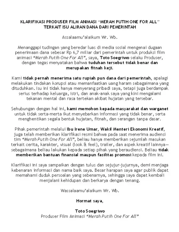 klarifikasi produser film animasi Merah Putih © berbagai sumber klarifikasi produser film animasi Merah Putih © berbagai sumber