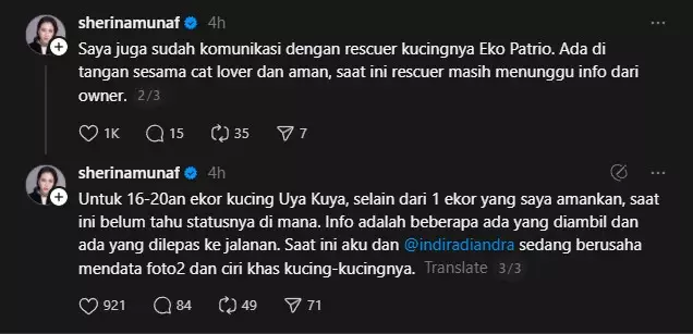 Sherina Munaf selamatkan kucing Uya Kuya © Threads Sherina Munaf selamatkan kucing Uya Kuya © Threads