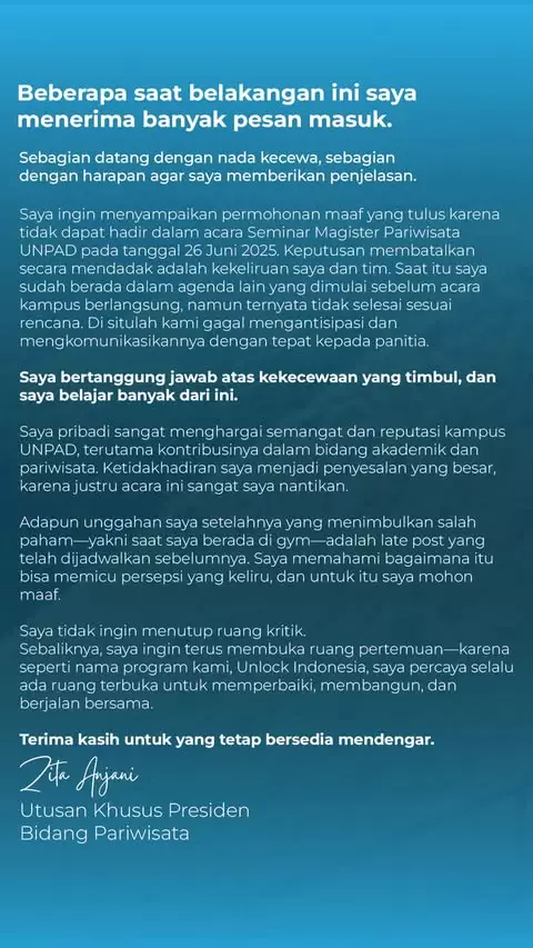 Zita Anjani dikritik usai batalkan isi seminar © Instagram Zita Anjani dikritik usai batalkan isi seminar © Instagram