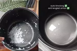 Cuma butuh 1 menit, kerak nasi di panci rice cooker auto bersih tanpa bikin antilengketnya tergores