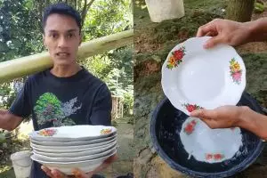 Pria ini tunjukkan cara tradisional cuci piring dalam partai besar, ternyata bisa kesat tanpa sabun