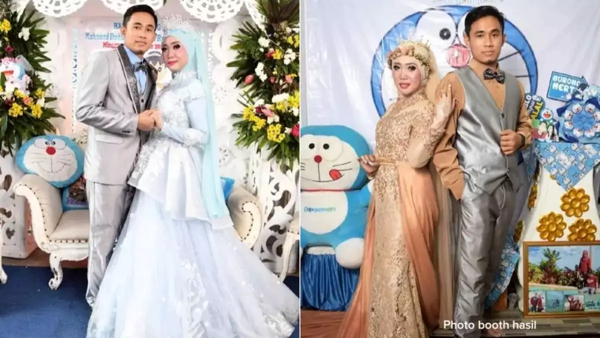 11 Potret pernikahan ini usung tema Doraemon, maskawin emasnya dibuat khusus hingga pelaminan unik