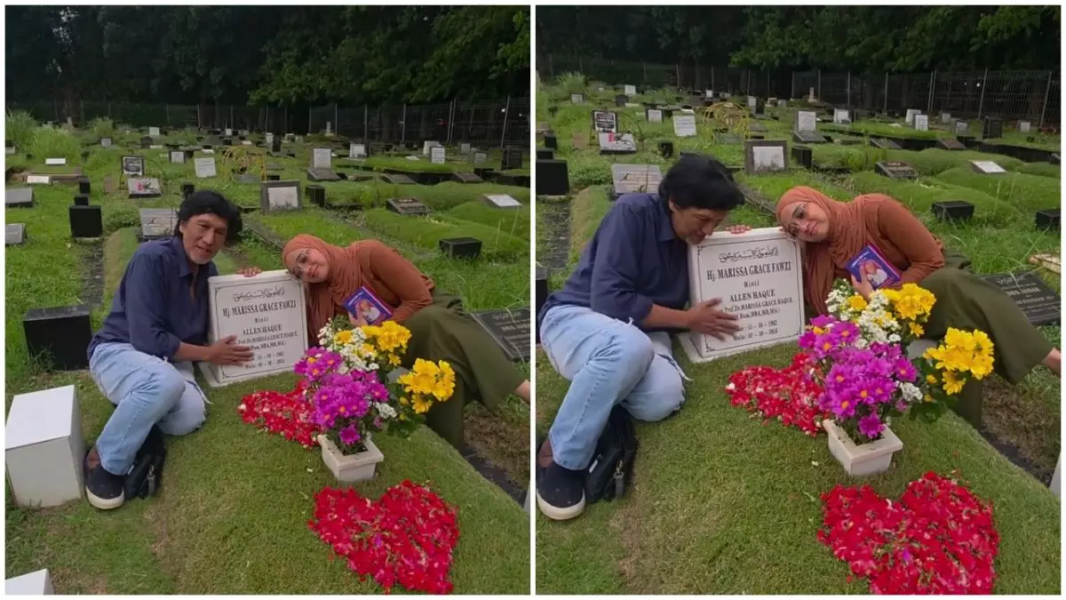 Momen haru Ikang Fawzi peringati setahun meninggalnya Marissa Haque, tersenyum elus nisan sang istri