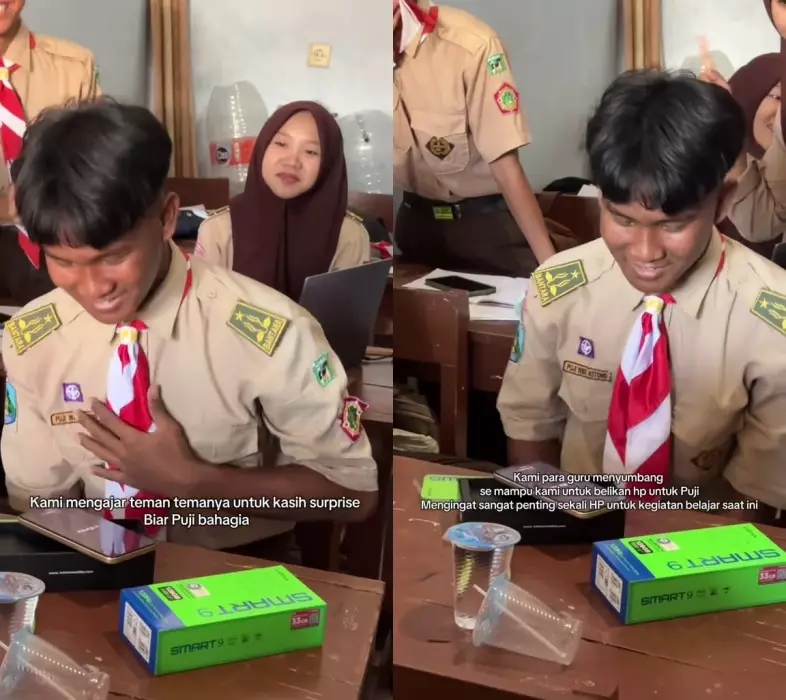 Siswa diberi kejutan teman dan guru berupa HP baru © 2025 TikTok Siswa diberi kejutan teman dan guru berupa HP baru © 2025 TikTok