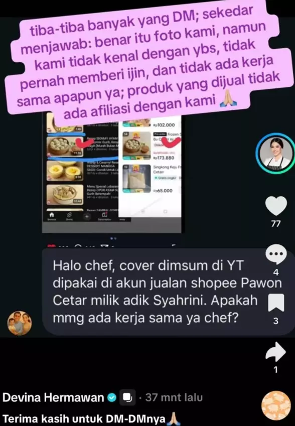 Tanggapan Devina MasterChef usai foto masakannya © berbagai sumber