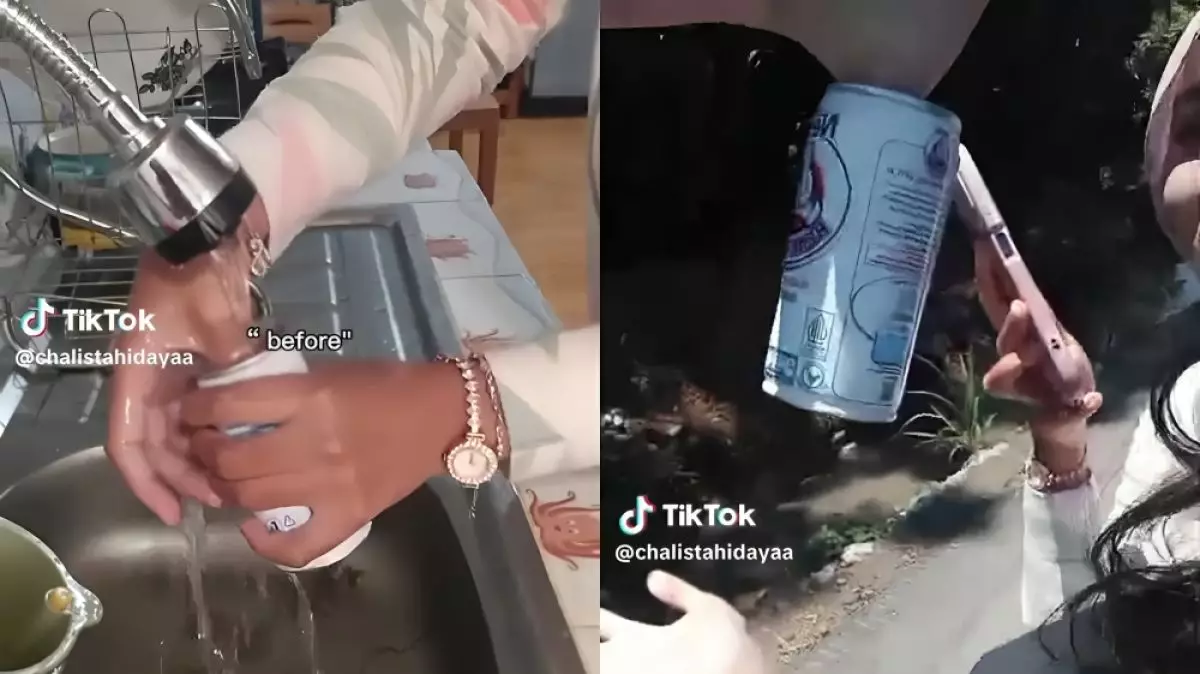 Hari apes tak ada di kalender, jempol wanita ini nyangkut di kaleng susu, ekspresi damkarnya puas pol