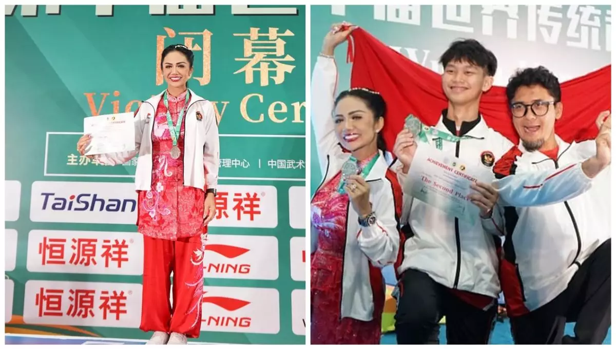 Kerja keras 4 tahun terbayarkan, 6 potret Krisdayanti pulang dari Tiongkok bawa perak kejuaraan wushu