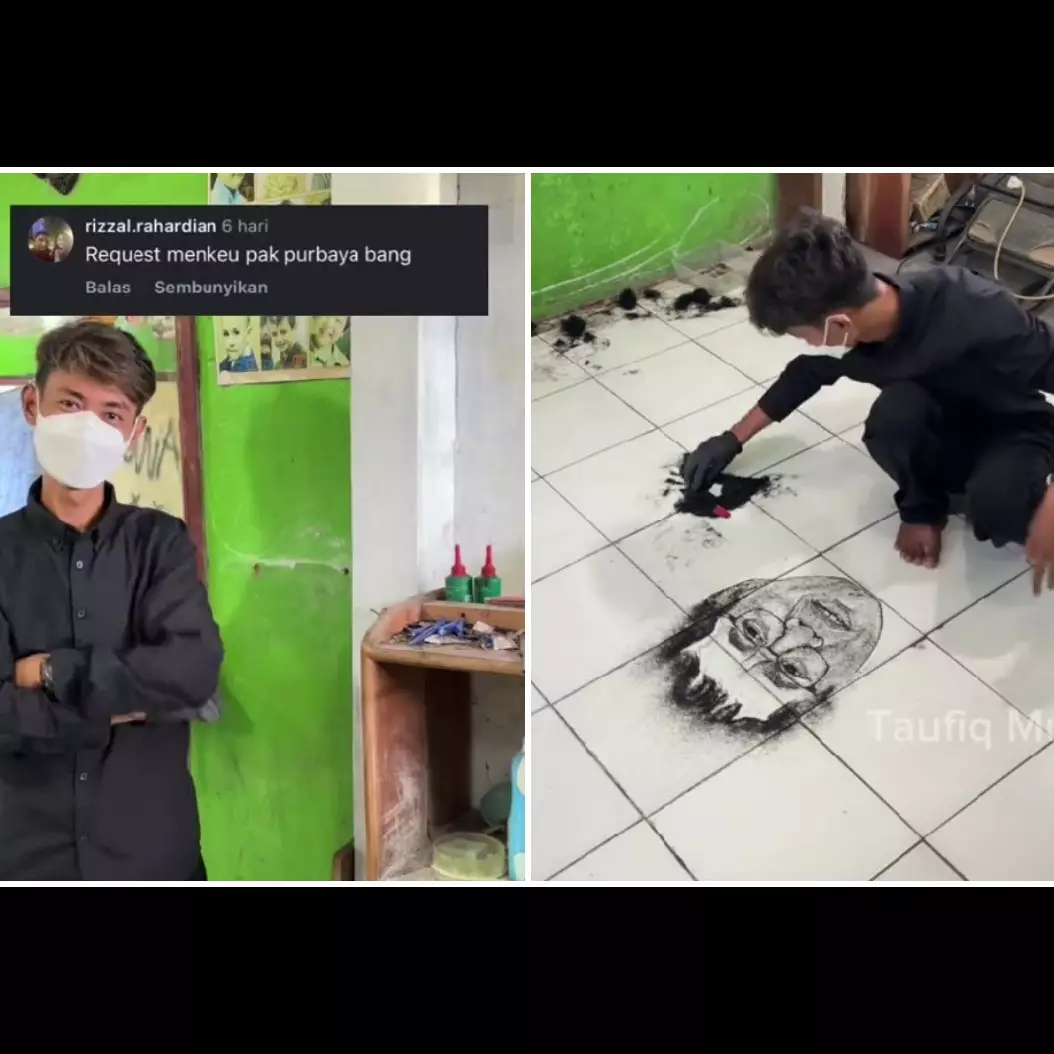 Viral tukang cukur bikin wajah Purbaya dari sisa potongan rambut, 9 potretnya ini sampai dipuji Menkeu