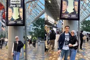 5 Potret gaya casual nan elegan Syahrini dan Reino Barack nonton konser Oasis di Jepang, serasi abis