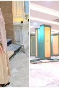 Bagian fasad rumah terlihat megah dengan jendela setengah lingkar di bagian atas yang menonjolkan gaya arsitektur klasik modern