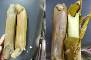 Bikin heran, momen wanita perlihatkan lontong palsu, dibungkus daun pisang tapi isinya styrofoam