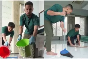 9 Potret Teuku Wisnu sukarela bersihkan masjid di Jakarta Selatan, tak jijik sikat WC yang kotor