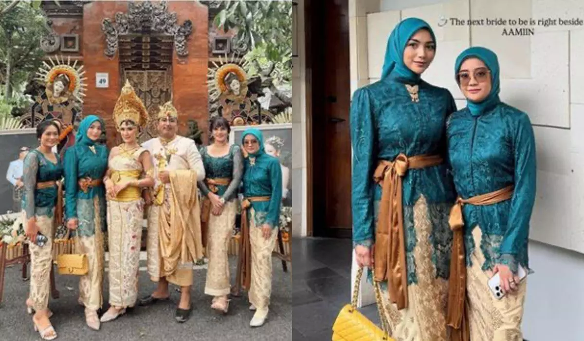 Pesona Citra Kirana dalam kebaya brokat hijau toska di pernikahan sahabat