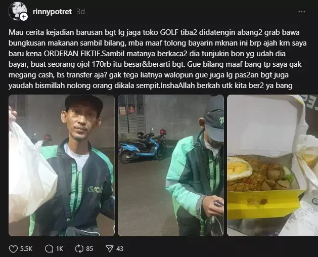 Viral kisah ojol kena order fiktif © Threads Viral kisah ojol kena order fiktif © Threads