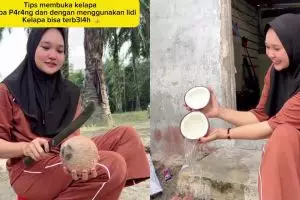 Tanpa parang atau pisau, wanita ini punya trik unik membuka kelapa cuma dengan lidi, begini caranya
