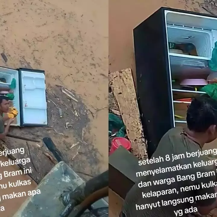 Momen haru pria santap makanan dari kulkas yang hanyut saat banjir, lahap usai evakuasi keluarga 8 jam