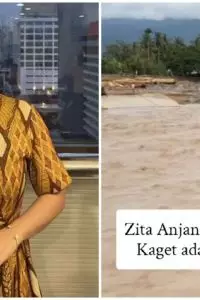 Zita Anjani tampak heran melihat kayu berukuran besar tersebut bisa terbawa derasnya arus banjir. 