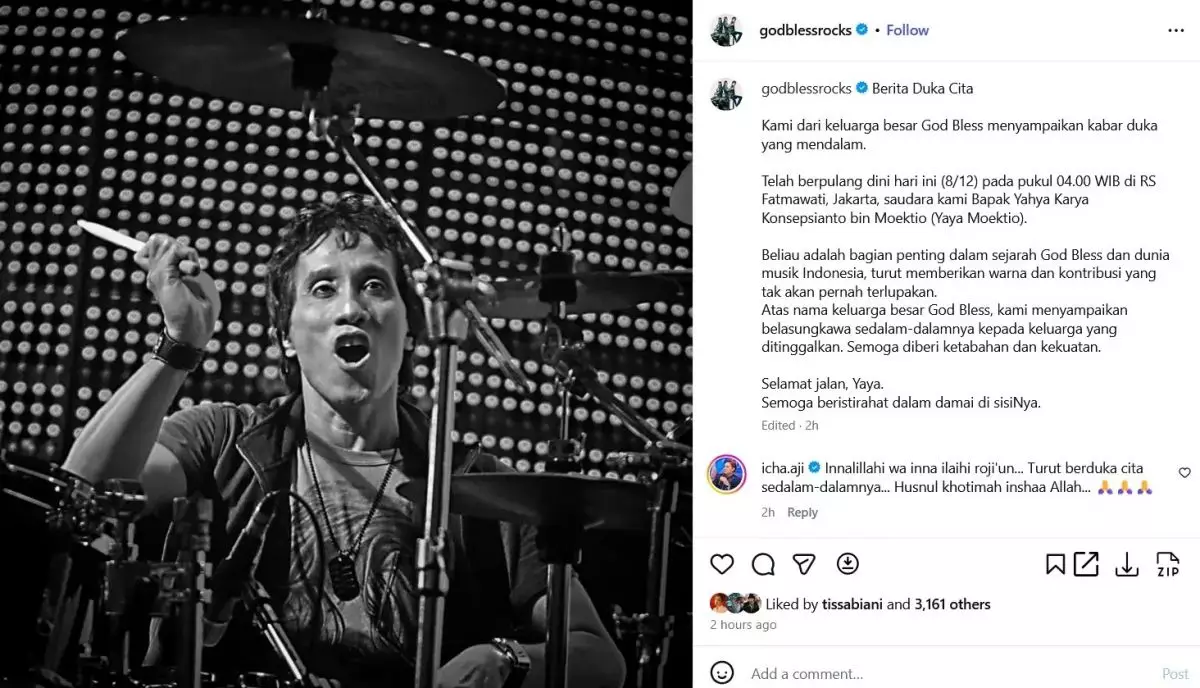 Yaya Moektio, eks drummer God Bless meninggal di usia 68 tahun di RS Fatmawati