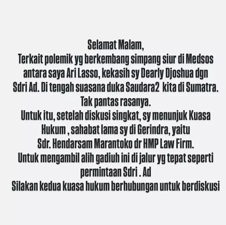Ari Lasso tunjuk kuasa hukum atasi konflik Ari lasso dan Ade Tya © 2025 brilio.net Ari Lasso tunjuk kuasa hukum atasi konflik Ari lasso dan Ade Tya © 2025 brilio.net