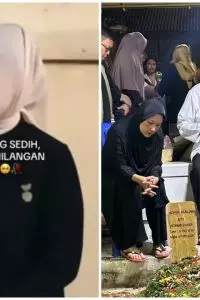 Ibu tiga anak ini tampak hadir melayat ke rumah duka untuk memberikan penghormatan terakhir. 