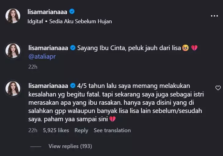 Lisa Mariana kirim DM ke Atalia © Instagram Lisa Mariana kirim DM ke Atalia © Instagram