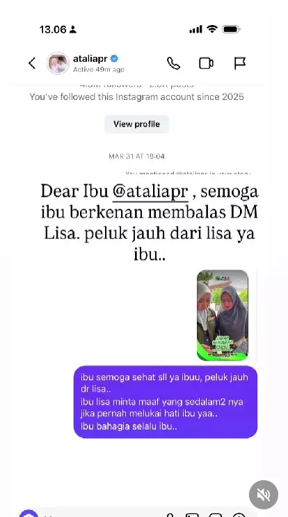 Lisa Mariana kirim DM ke Atalia © Instagram Lisa Mariana kirim DM ke Atalia © Instagram