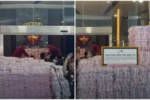 Penampakan 'gunung' uang Rp6,62 T sitaan Kejagung yang penuhi pintu gedung, diserahkan ke pemerintah