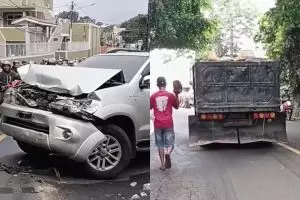 Aksi heroik istri polisi korbankan Fortuner demi tahan truk mundur karena patah as roda