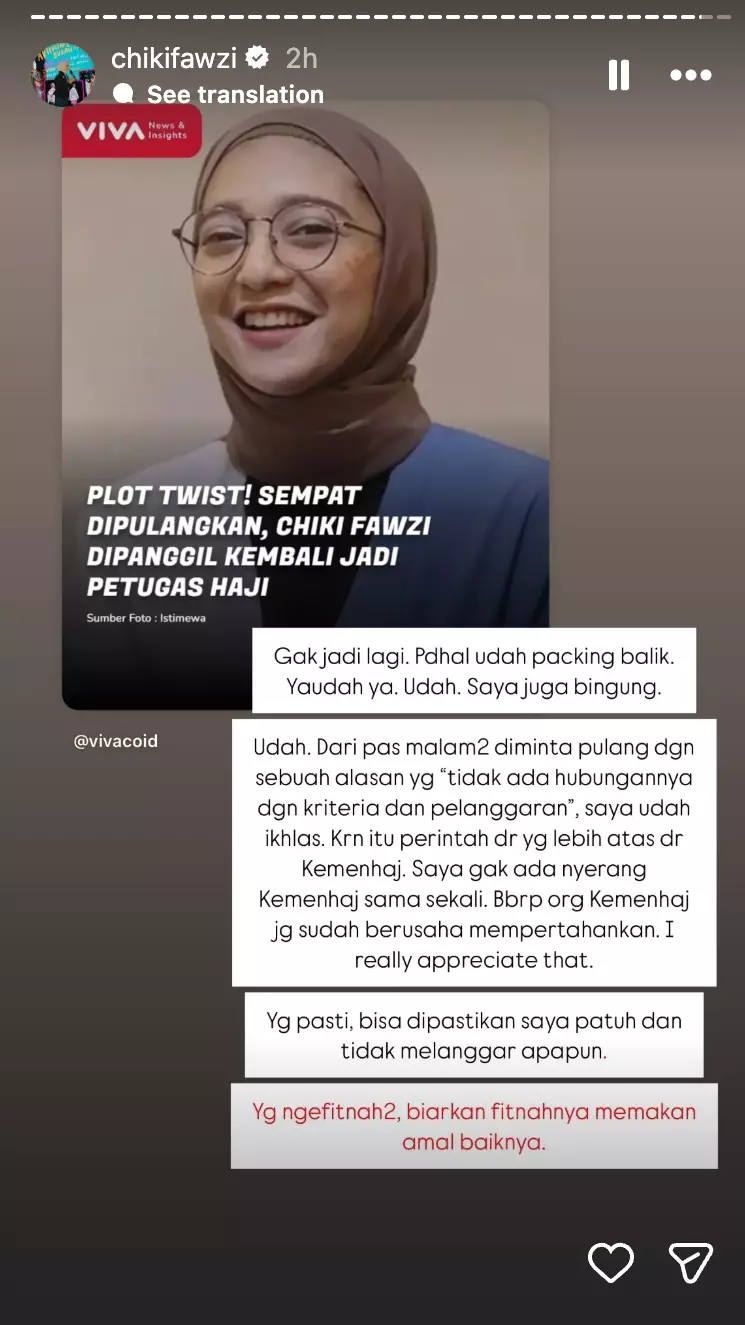 Chiki Fawzi Batal Petugas Haji 2026 Instagram chikifawzi