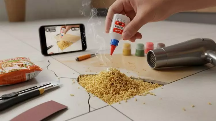 Cara unik memperbaiki lantai keramik pecah pakai mi instan, hasilnya kokoh tanpa semen