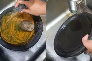 Trik bersihkan sisa kunyit pada cobek batu tanpa sabun berlebih
