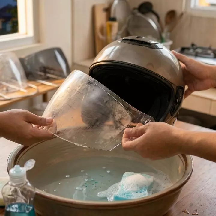 Cara membersihkan kaca helm buram dengan sabun cuci piring, hasilnya kinclong seperti baru
