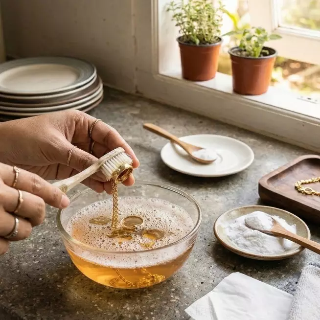 Cara membersihkan perhiasan emas yang hitam pakai sabun cuci piring dan soda kue