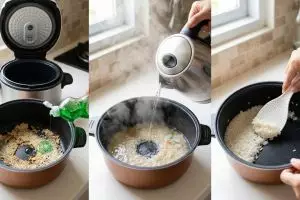 Kirain harus direndam lama, ternyata modal air panas doang panci rice cooker bebas kerak nasi