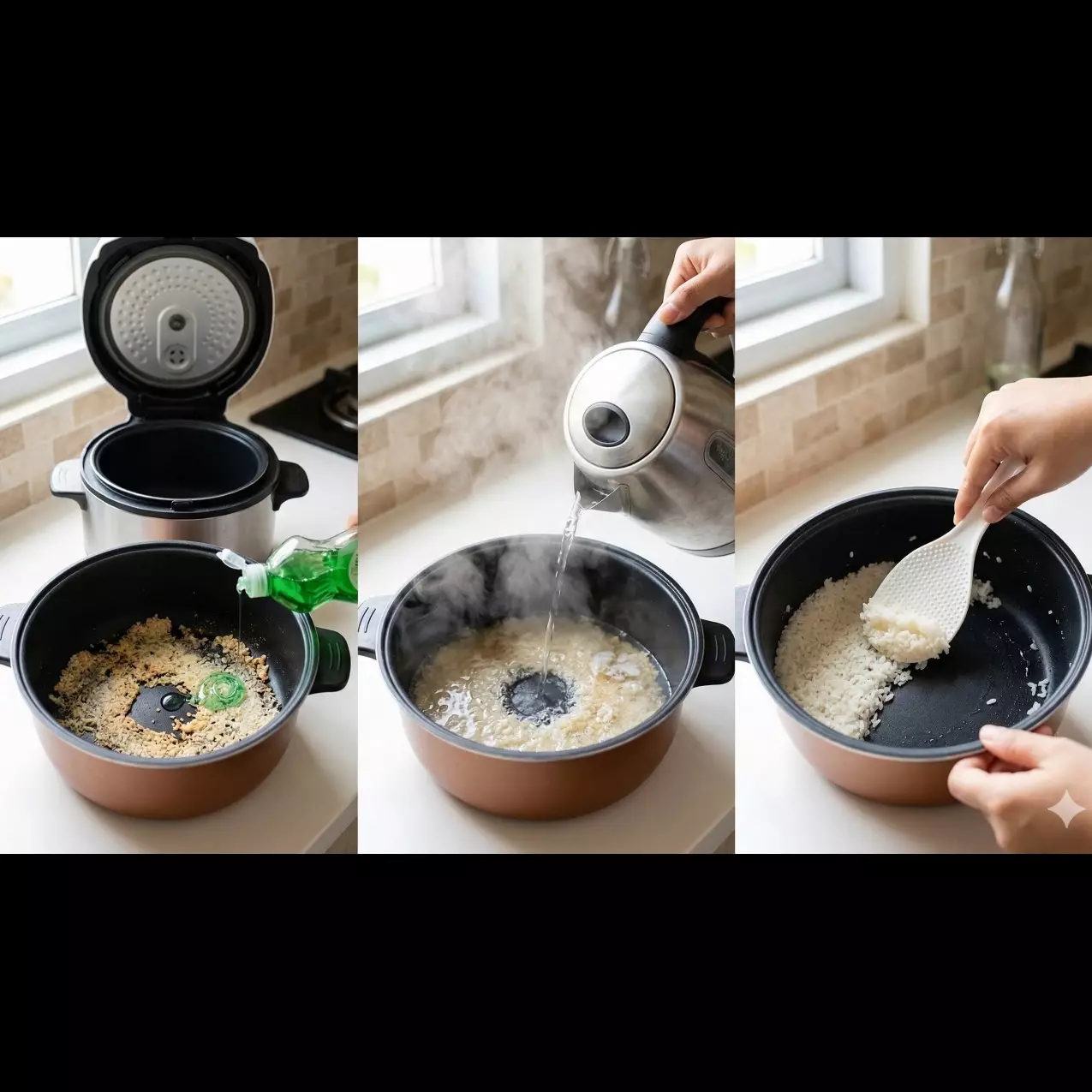 Kirain harus direndam lama, ternyata modal air panas doang panci rice cooker bebas kerak nasi