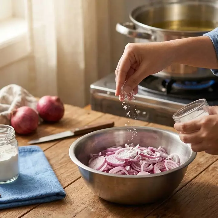 Bukan pakai terigu, ini trik bikin bawang goreng anti gosong buat pelengkap opor dan rendang