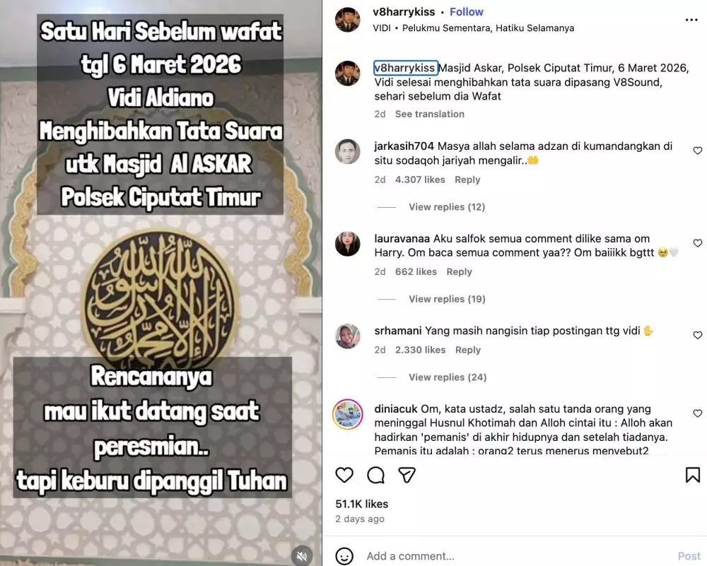 Vidi Aldiano donasi audio system  Instagram @v8harrykiss