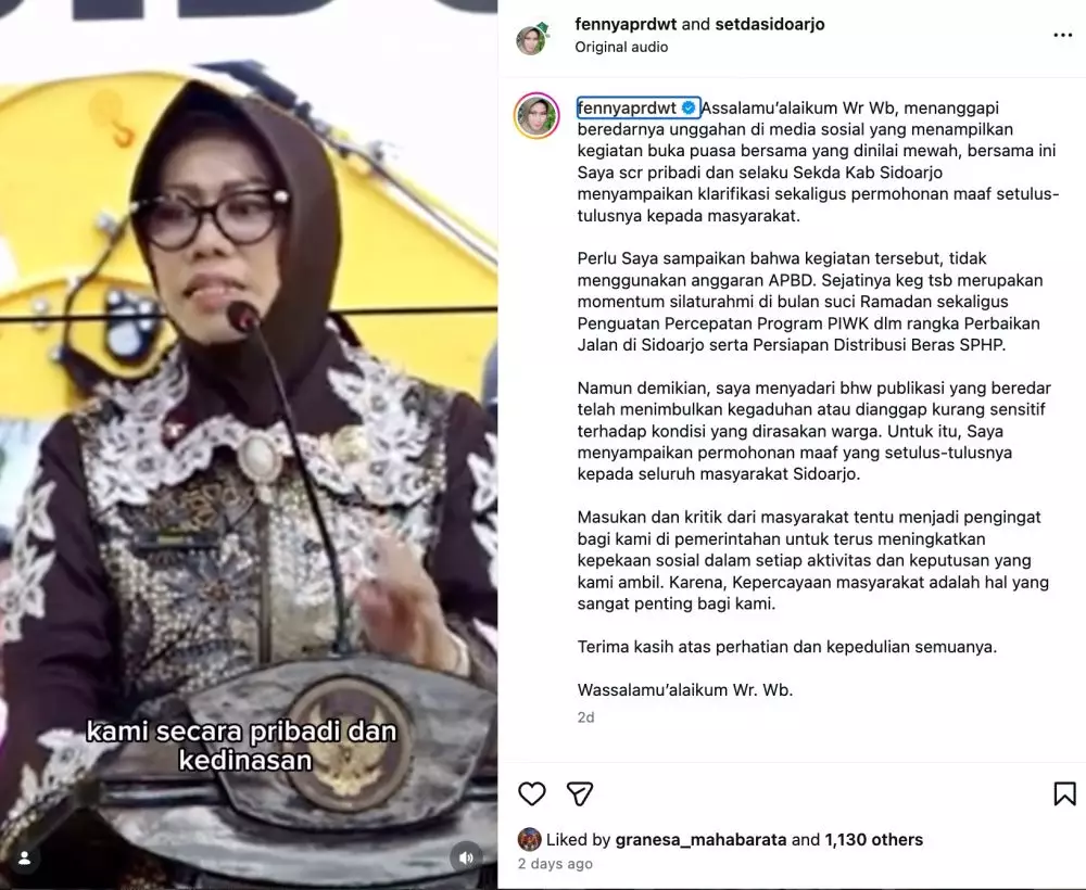 Sekda Sidoarjo Minta Maaf Instagram/@kisahkami.sidoarjo; Instagram/@fennyaprdwt; Instagram/@vebryrayan22