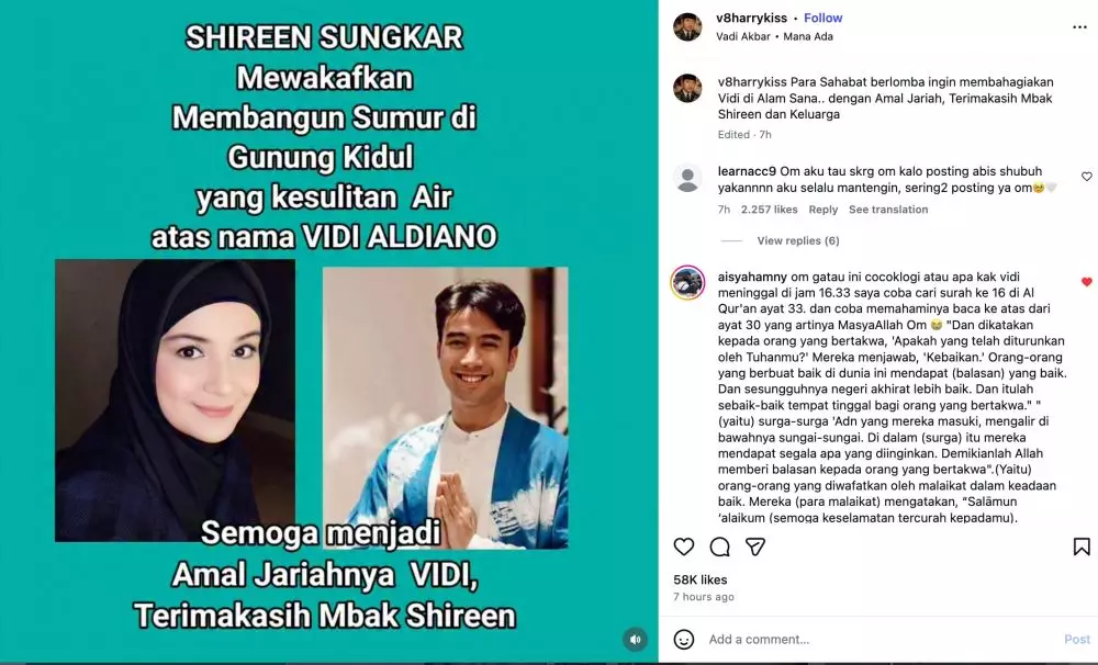 Wakaf sumur Gunungkidul Shireen Sungkar untuk Vidi Aldiano berbagai sumber