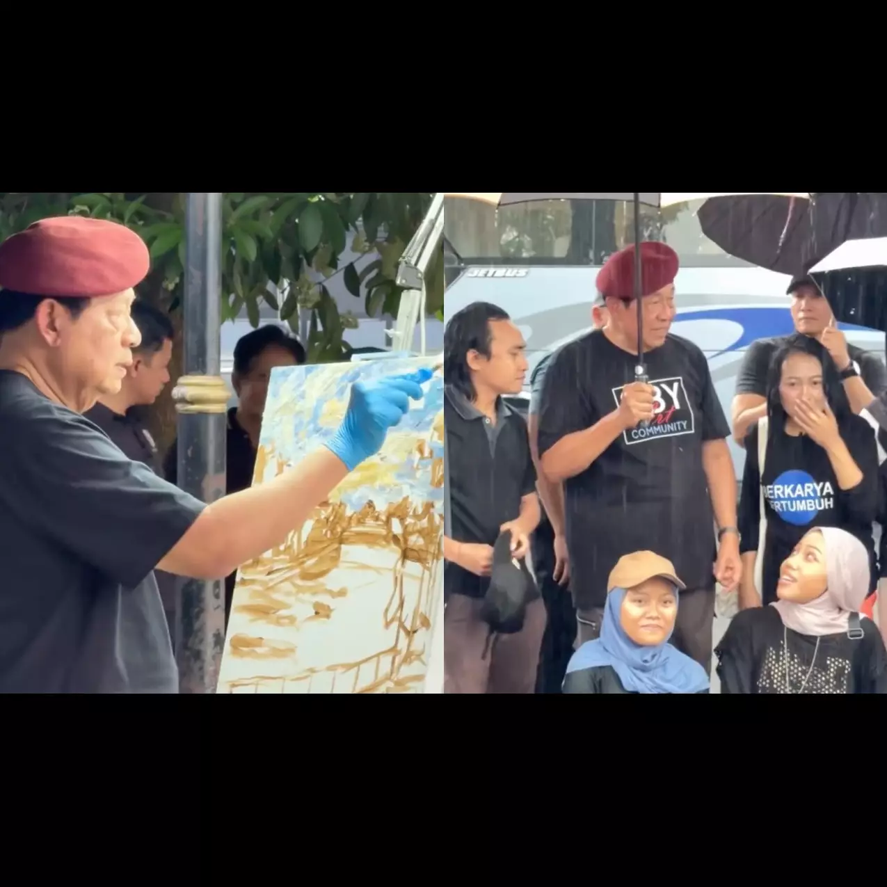 11 Potret semangat SBY melukis di tepi Bengawan Solo meski diguyur hujan