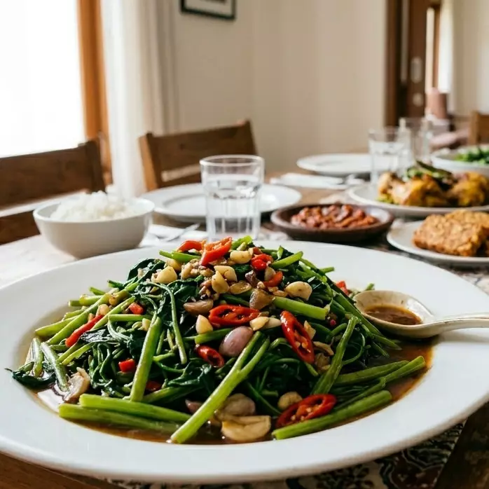 Resep tumis kangkung gurih anti layu, lengkap tips masak sayur tetap hijau segar