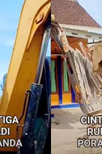 Rumah berwarna oranye itu hancur setelah alat berat dikerahkan pada Kamis, 9 April 2026, siang hari.