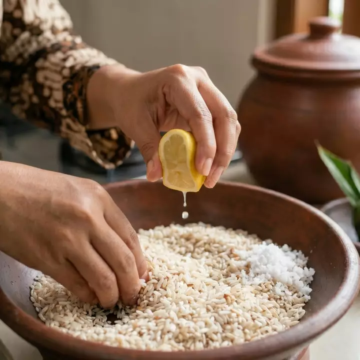 Cara ampuh hilangkan bau apek beras murah sebelum dimasak, cuma modal garam dan lemon