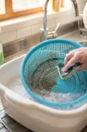 Ternyata saringan plastik hitam penuh jamur bisa kinclong lagi tanpa sikat, cukup rendam pakai 2 bahan