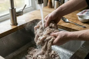 Cara mudah mencuci usus sapi, bersih maksimal cuma modal gagang sendok