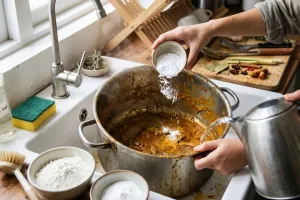 Hilangkan lemak gulai di panci tanpa gosok lama: Pakai air panas, tepung, dan baking soda