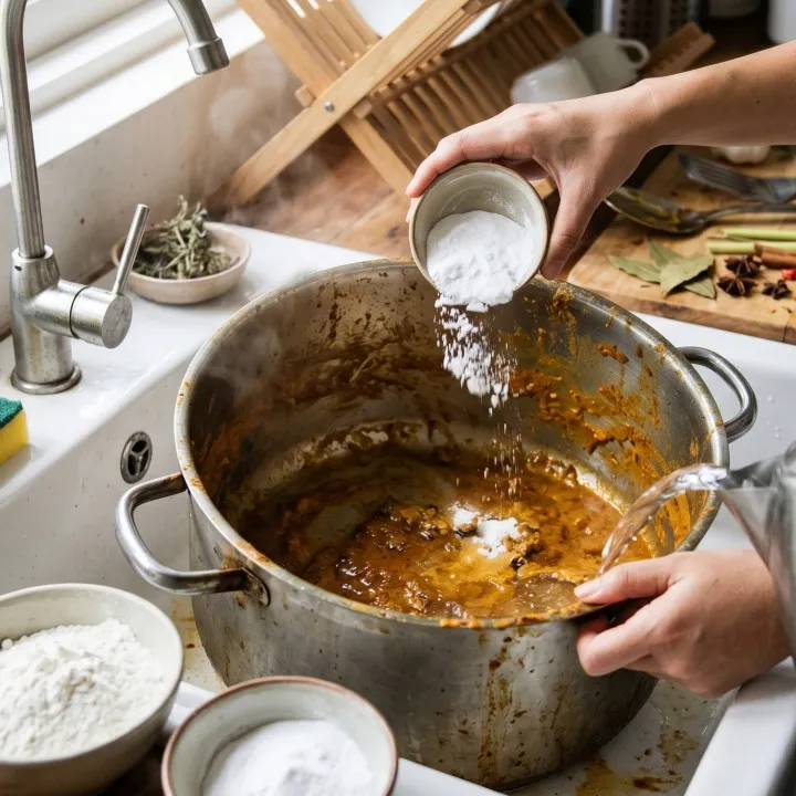 Hilangkan lemak gulai di panci tanpa gosok lama: Pakai air panas, tepung, dan baking soda